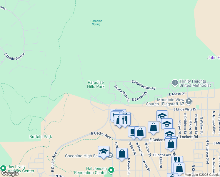 map of restaurants, bars, coffee shops, grocery stores, and more near 3525 North Monte Vista Drive in Flagstaff