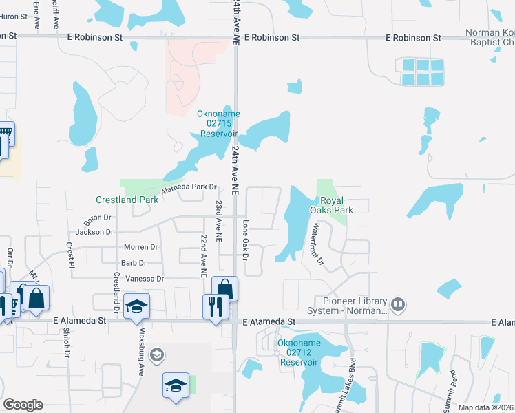 map of restaurants, bars, coffee shops, grocery stores, and more near 525 Woodsong Drive in Norman
