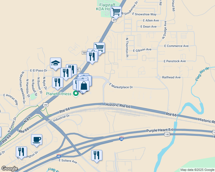 map of restaurants, bars, coffee shops, grocery stores, and more near 4901 North Mall Way in Flagstaff