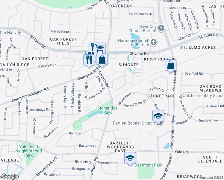 map of restaurants, bars, coffee shops, grocery stores, and more near 6559 Sungate Drive South in Bartlett