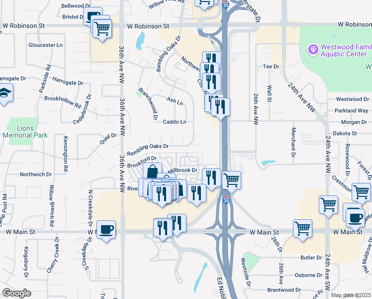 map of restaurants, bars, coffee shops, grocery stores, and more near 3221 Rambling Oaks Drive in Norman