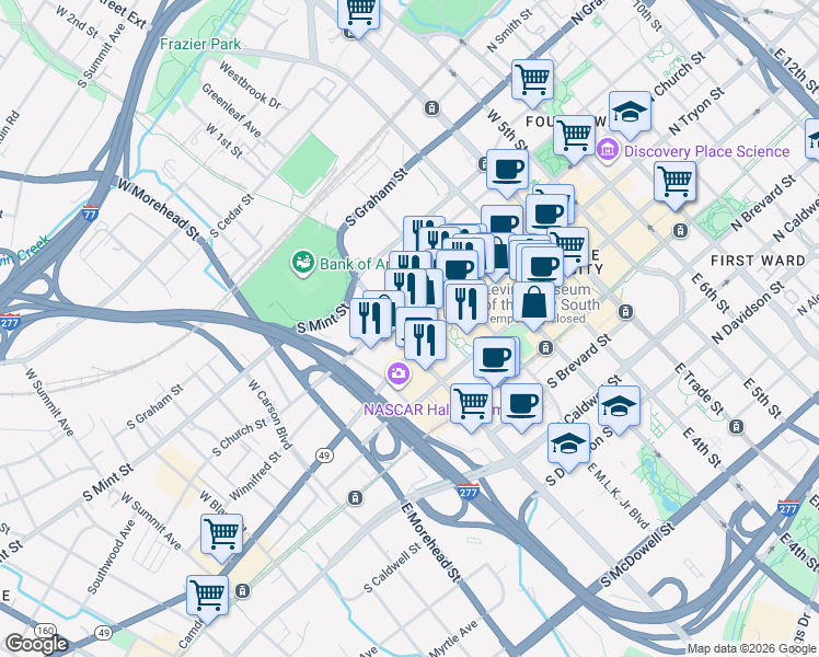 map of restaurants, bars, coffee shops, grocery stores, and more near 525 South Church Street in Charlotte