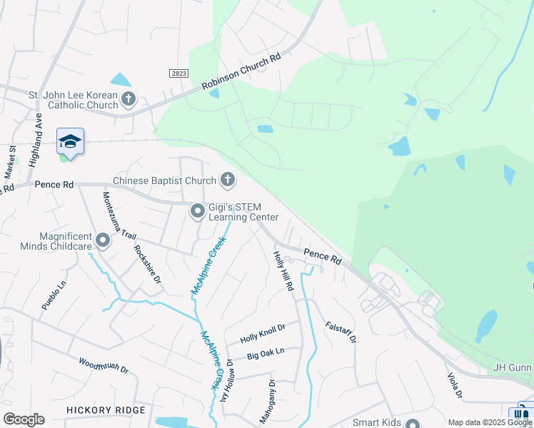 map of restaurants, bars, coffee shops, grocery stores, and more near 7409 Pence Road in Charlotte