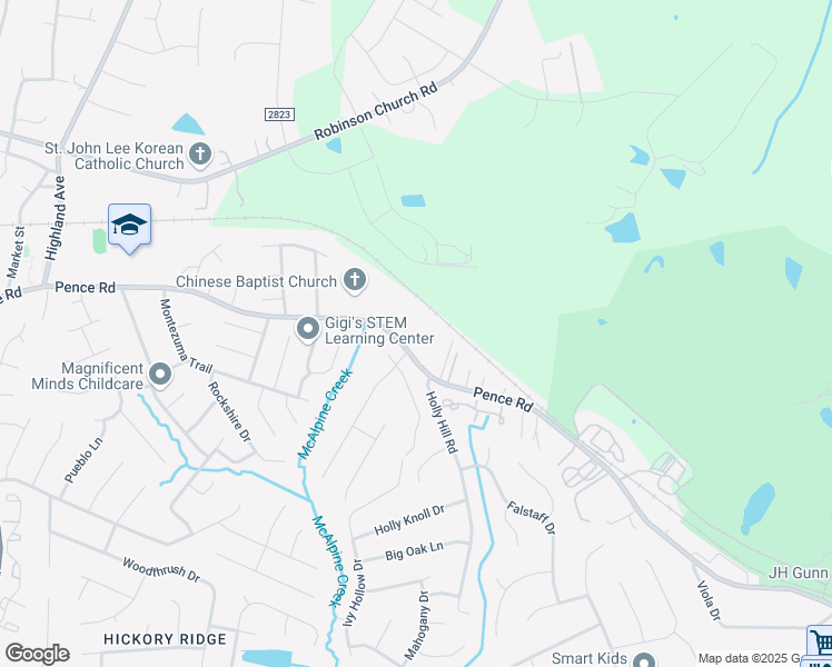 map of restaurants, bars, coffee shops, grocery stores, and more near 7409 Pence Road in Charlotte