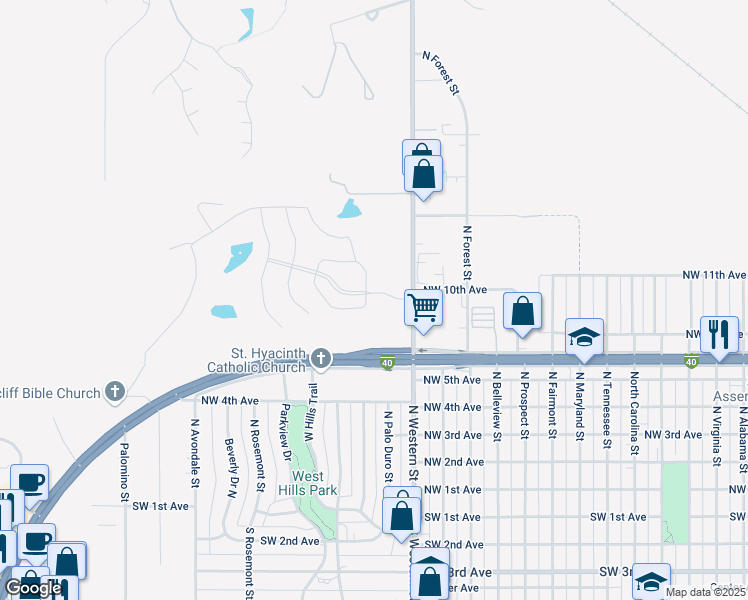 map of restaurants, bars, coffee shops, grocery stores, and more near 801 North Western Street in Amarillo