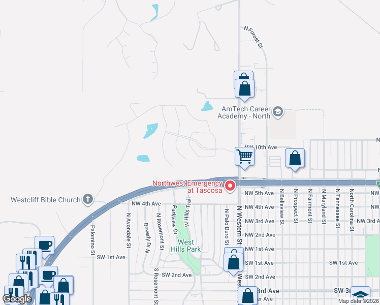 map of restaurants, bars, coffee shops, grocery stores, and more near 801 North Western Street in Amarillo