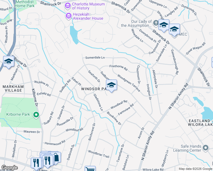 map of restaurants, bars, coffee shops, grocery stores, and more near 3850 Sudbury Road in Charlotte