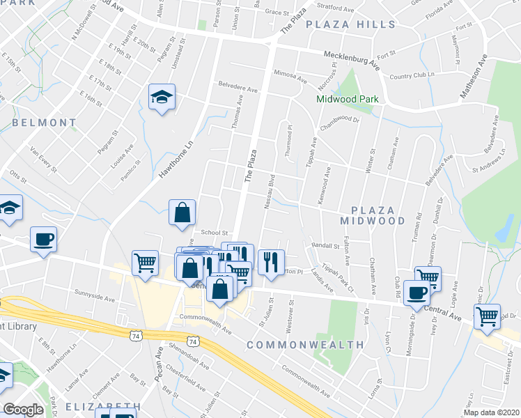 map of restaurants, bars, coffee shops, grocery stores, and more near 1801 Browning Avenue in Charlotte