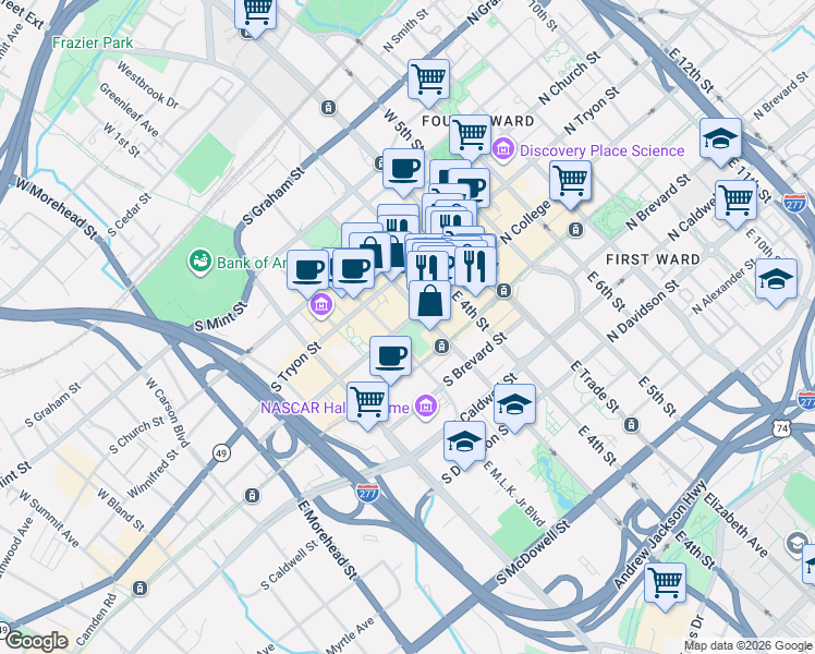 map of restaurants, bars, coffee shops, grocery stores, and more near in Charlotte