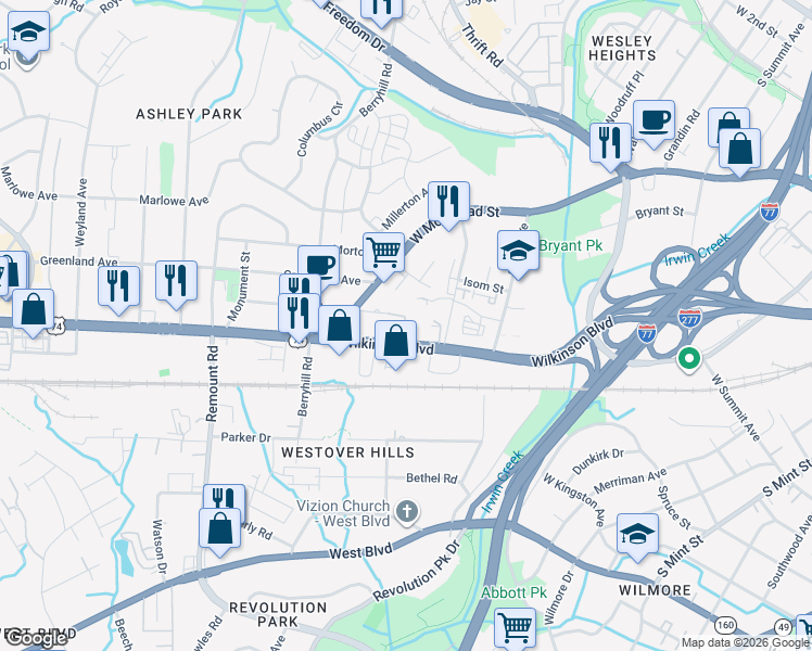 map of restaurants, bars, coffee shops, grocery stores, and more near 2198 Wilkinson Blvd in Charlotte