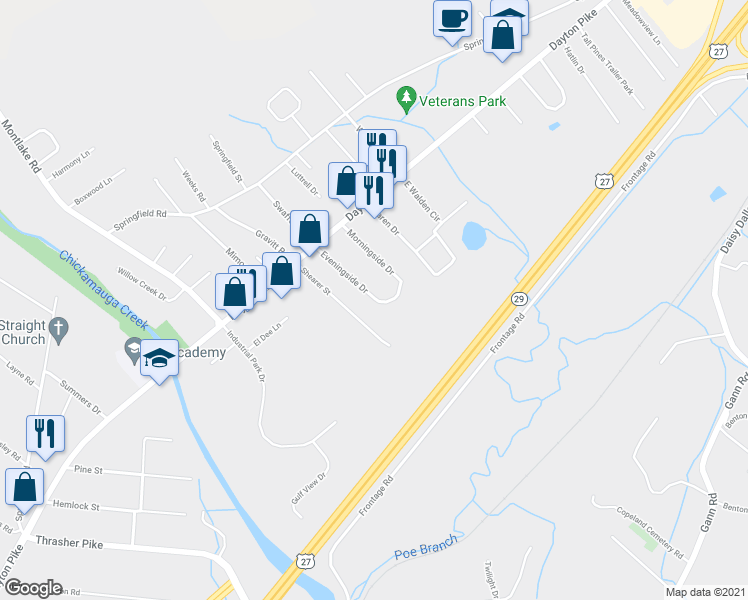 map of restaurants, bars, coffee shops, grocery stores, and more near 205 Eveningside Drive in Soddy-Daisy