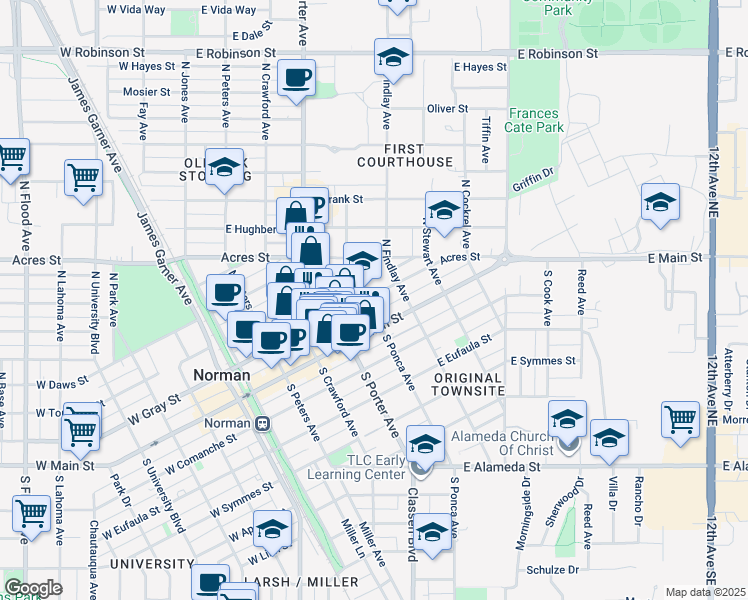 map of restaurants, bars, coffee shops, grocery stores, and more near 181 North Ponca Avenue in Norman