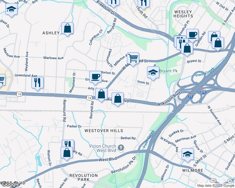 map of restaurants, bars, coffee shops, grocery stores, and more near 2198 Wilkinson Boulevard in Charlotte