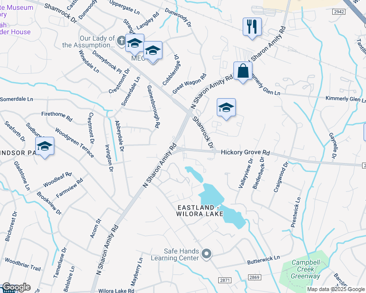 map of restaurants, bars, coffee shops, grocery stores, and more near 4821 Hickory Grove Road in Charlotte