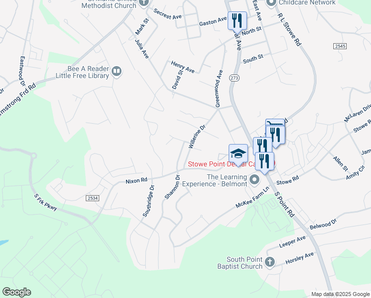map of restaurants, bars, coffee shops, grocery stores, and more near 2340 Shannon Drive in Belmont