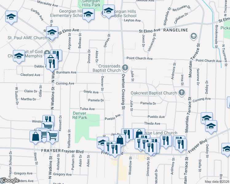 map of restaurants, bars, coffee shops, grocery stores, and more near 2076 Gayle Avenue in Memphis
