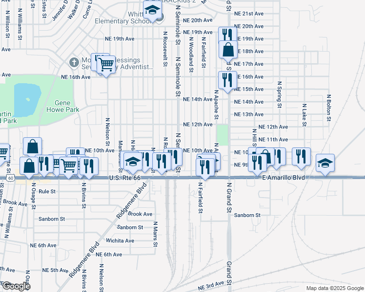 map of restaurants, bars, coffee shops, grocery stores, and more near 1007 North Woodland Street in Amarillo