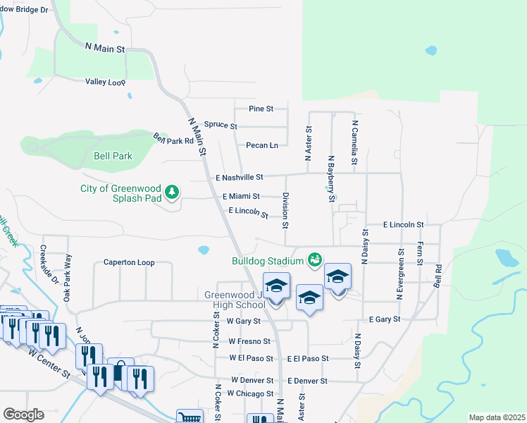 map of restaurants, bars, coffee shops, grocery stores, and more near 132 East Lincoln Street in Greenwood