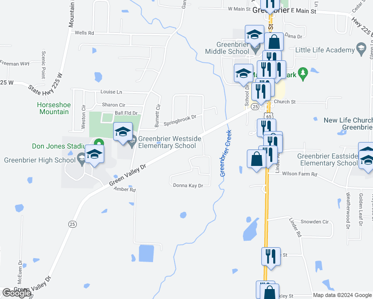 map of restaurants, bars, coffee shops, grocery stores, and more near 35 Green Valley Drive in Greenbrier