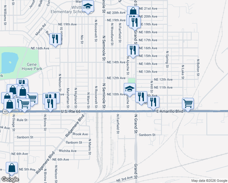 map of restaurants, bars, coffee shops, grocery stores, and more near 1007 North Woodland Street in Amarillo