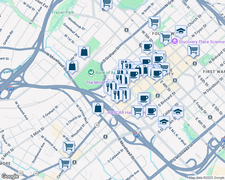 map of restaurants, bars, coffee shops, grocery stores, and more near 620 South Church Street in Charlotte