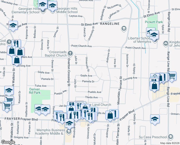 map of restaurants, bars, coffee shops, grocery stores, and more near 3628 University Street in Memphis