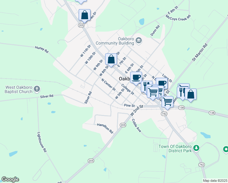 map of restaurants, bars, coffee shops, grocery stores, and more near 521 North Center Street in Oakboro