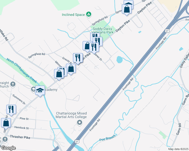 map of restaurants, bars, coffee shops, grocery stores, and more near 207 Eveningside Drive in Soddy-Daisy