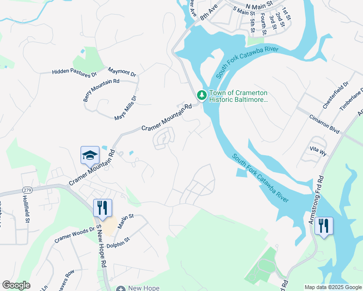 map of restaurants, bars, coffee shops, grocery stores, and more near 571 Baltimore Drive in Cramerton