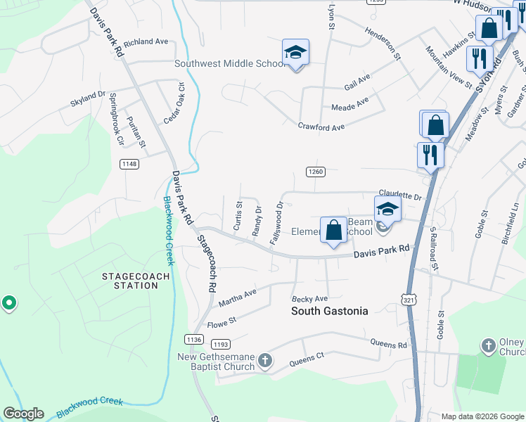 map of restaurants, bars, coffee shops, grocery stores, and more near 3009 Randy Drive in Gastonia