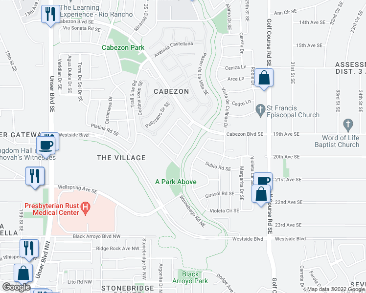 map of restaurants, bars, coffee shops, grocery stores, and more near 2798 Cerro Parrido Road Southeast in Rio Rancho