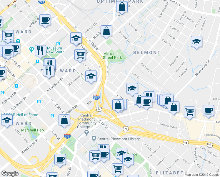 map of restaurants, bars, coffee shops, grocery stores, and more near 717 East 10th Street in Charlotte