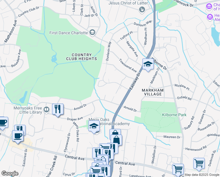 map of restaurants, bars, coffee shops, grocery stores, and more near 2522 Roseview Lane in Charlotte