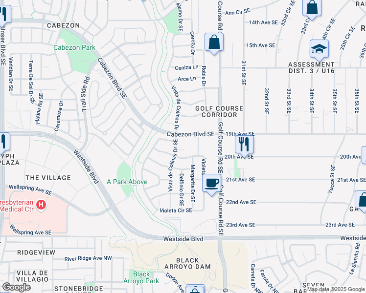 map of restaurants, bars, coffee shops, grocery stores, and more near 2821 Petunia Court Southeast in Rio Rancho