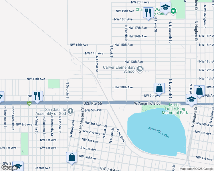 map of restaurants, bars, coffee shops, grocery stores, and more near 2314 Northwest 10th Avenue in Amarillo