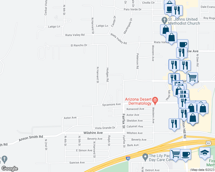 map of restaurants, bars, coffee shops, grocery stores, and more near 3473 Hodges Road in Kingman