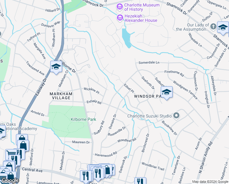 map of restaurants, bars, coffee shops, grocery stores, and more near 3401 Sudbury Road in Charlotte