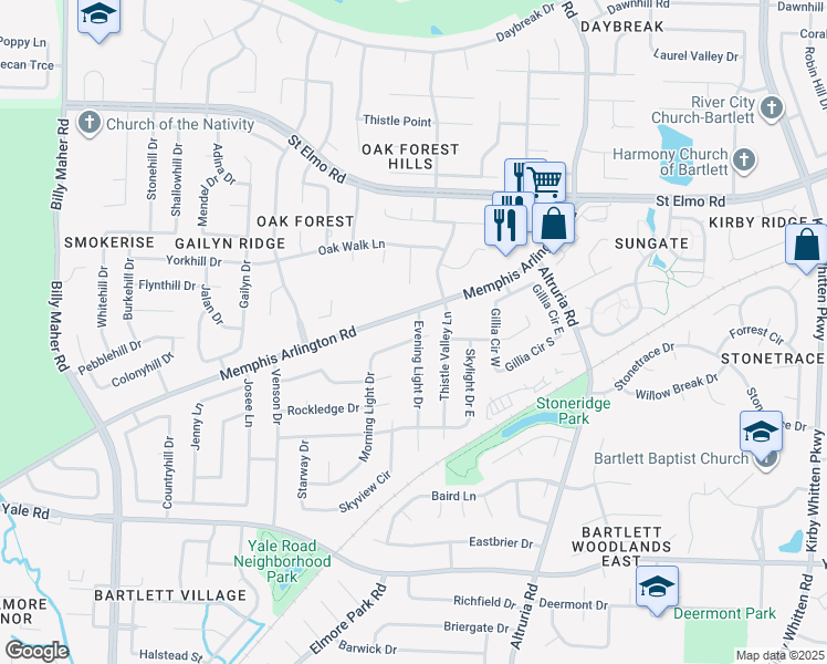 map of restaurants, bars, coffee shops, grocery stores, and more near 3607 Morning Light Drive in Memphis