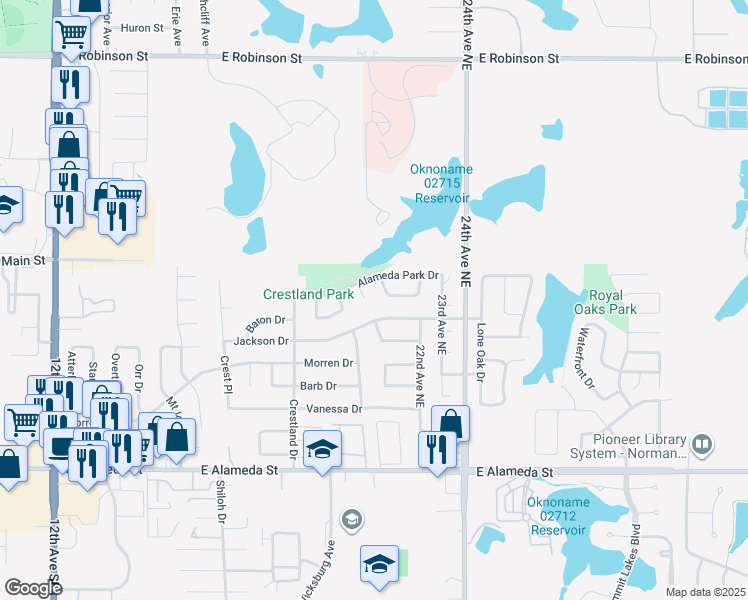 map of restaurants, bars, coffee shops, grocery stores, and more near 505 Cooper Ct in Norman