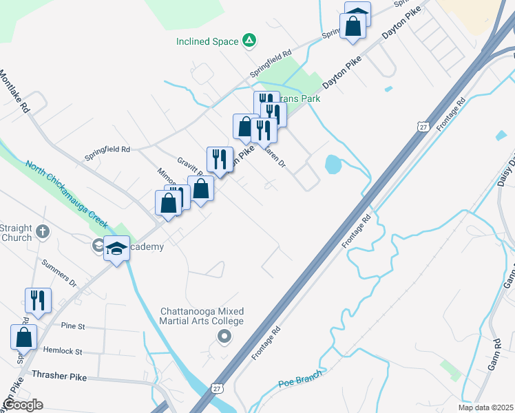 map of restaurants, bars, coffee shops, grocery stores, and more near 130 Eveningside Drive in Soddy-Daisy