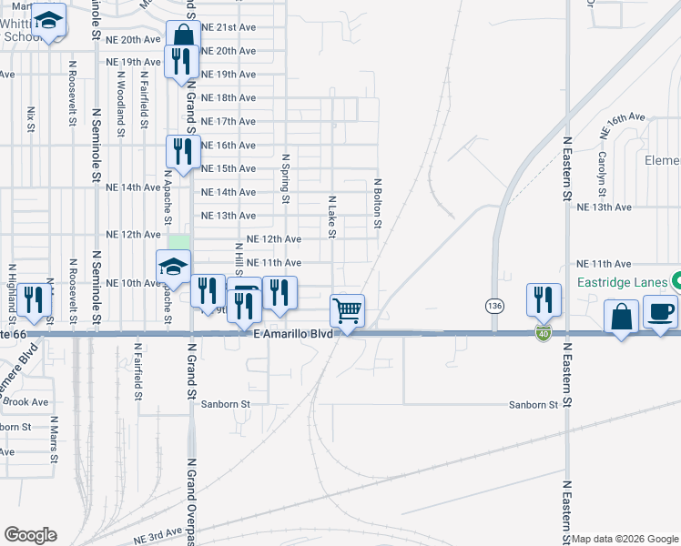 map of restaurants, bars, coffee shops, grocery stores, and more near 1008 North Lake Street in Amarillo