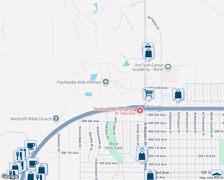 map of restaurants, bars, coffee shops, grocery stores, and more near 801 North Western Street in Amarillo