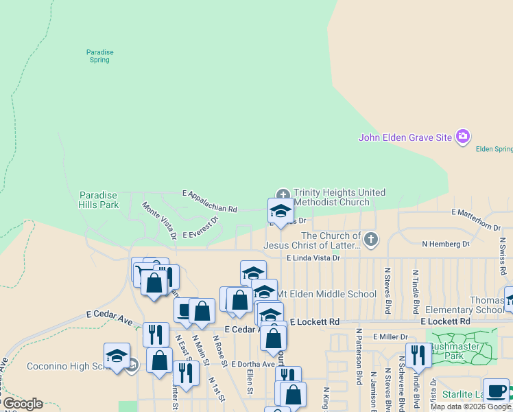 map of restaurants, bars, coffee shops, grocery stores, and more near 1780 East Appalachian Road in Flagstaff