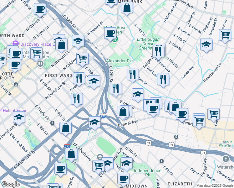 map of restaurants, bars, coffee shops, grocery stores, and more near 717 East 10th Street in Charlotte
