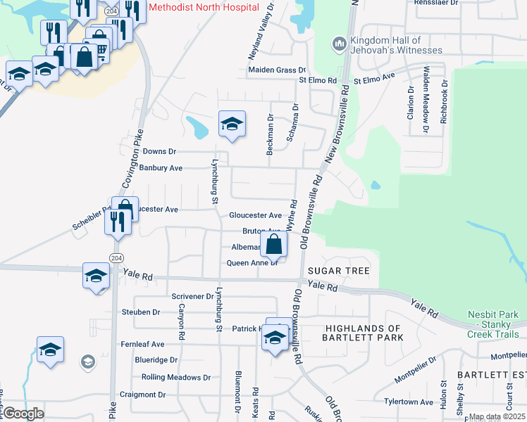 map of restaurants, bars, coffee shops, grocery stores, and more near 5361 Timberdale Avenue in Memphis