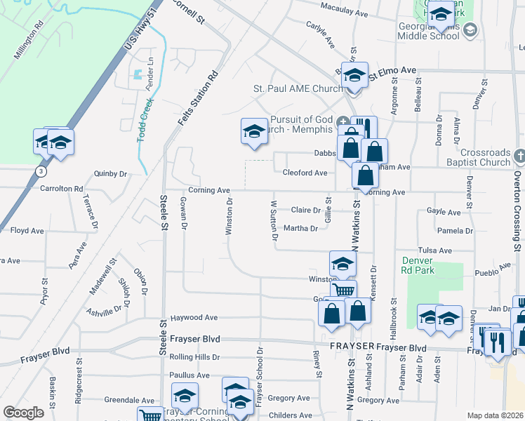 map of restaurants, bars, coffee shops, grocery stores, and more near 1651 Corning Avenue in Memphis