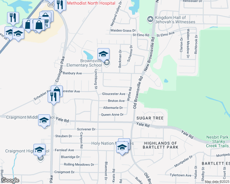 map of restaurants, bars, coffee shops, grocery stores, and more near 5334 Gloucester Avenue in Memphis