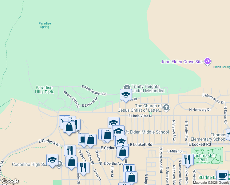 map of restaurants, bars, coffee shops, grocery stores, and more near 1780 East Appalachian Road in Flagstaff