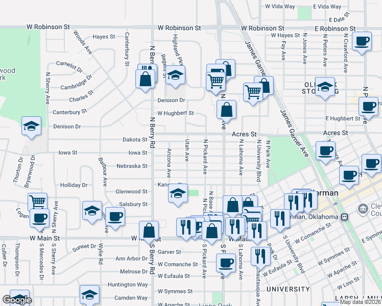 map of restaurants, bars, coffee shops, grocery stores, and more near 751 Iowa Street in Norman