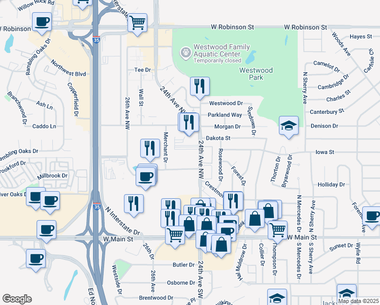 map of restaurants, bars, coffee shops, grocery stores, and more near 510 24th Avenue Northwest in Norman